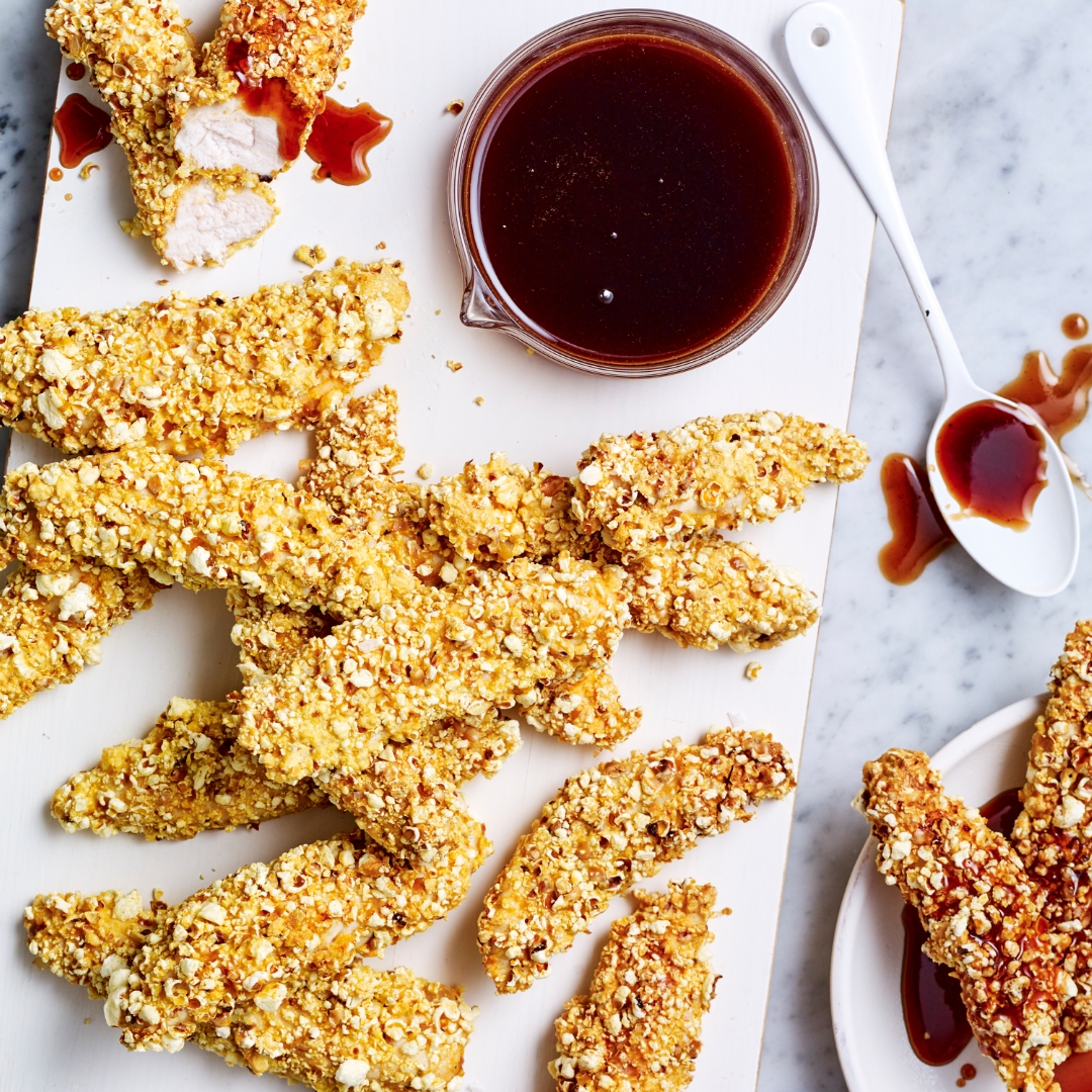 Air fryer popcorn-coated chicken with honey BBQ sauce