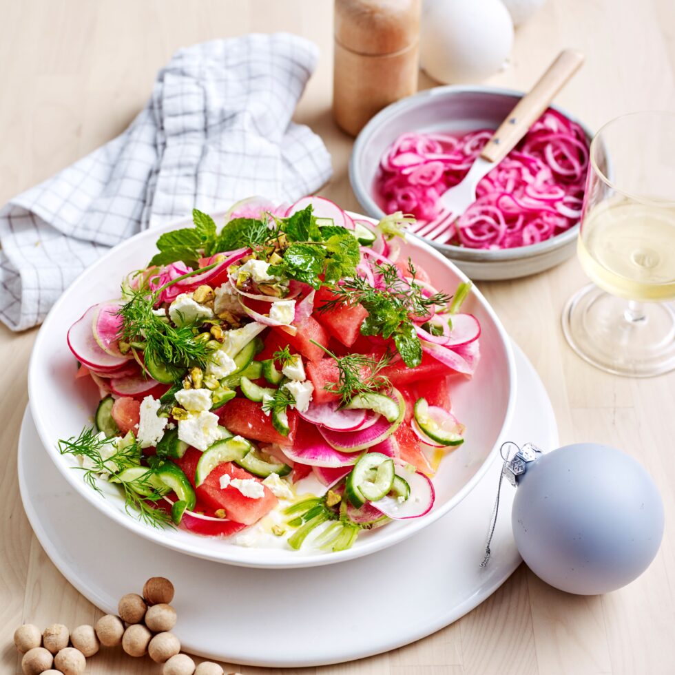 Watermelon & radish salad in a bowl