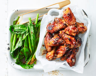 Hoisin chicken wings with gai lan