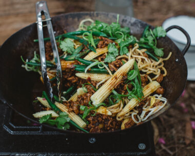 Ramen noodles & pork stir-fry cooked over a campfire