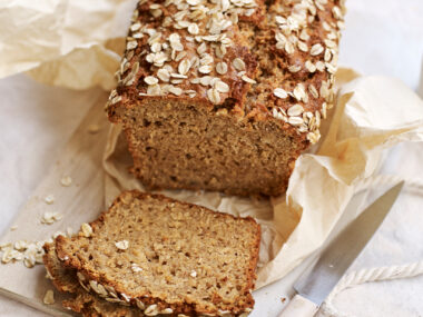 Bircher banana bread, fresh from the oven and sliced, ready to serve.