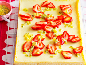 Julie Goodwin's sour cream cheesecake slice with strawberries and passionfruit
