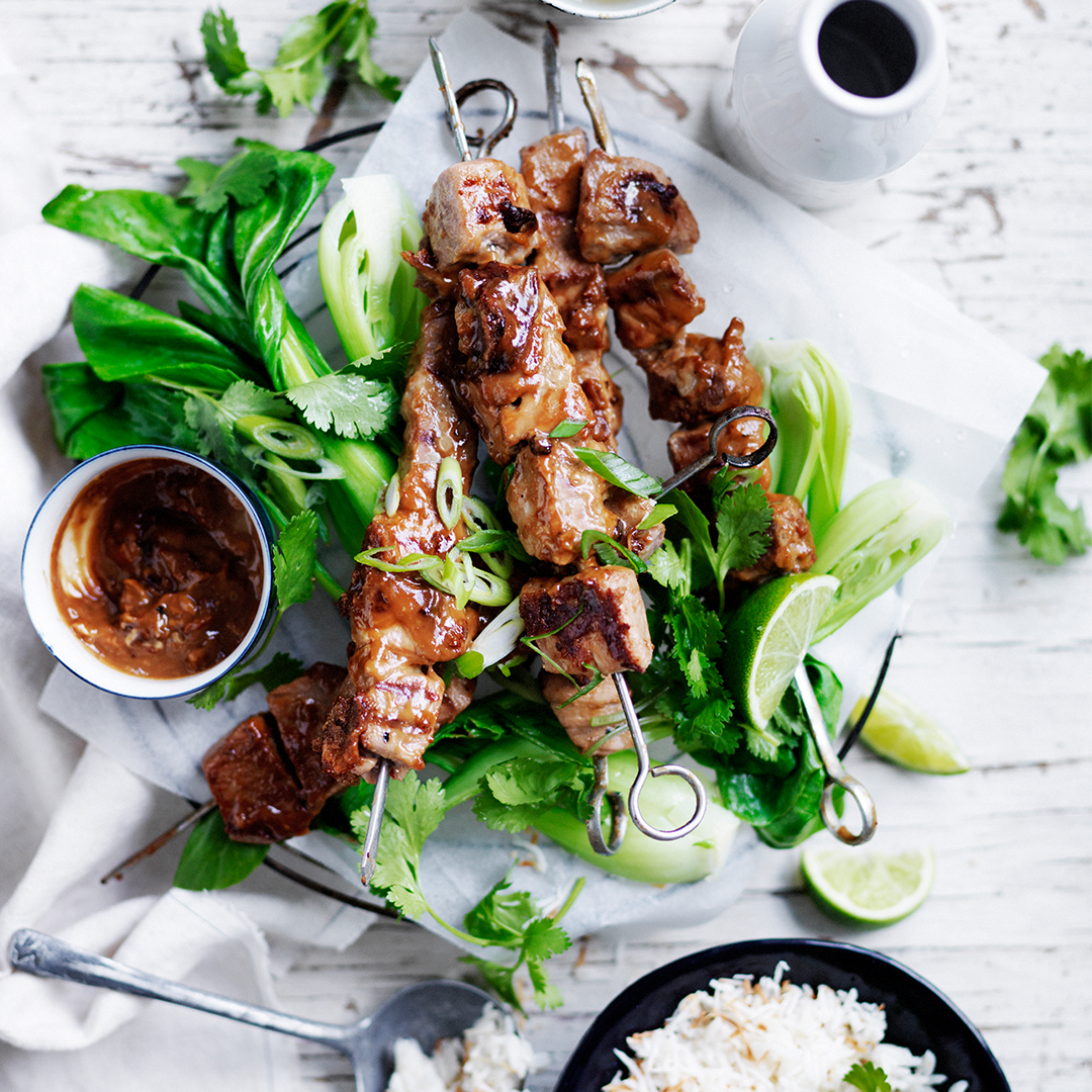 Pork skewers with satay sauce &amp; coconut rice-image
