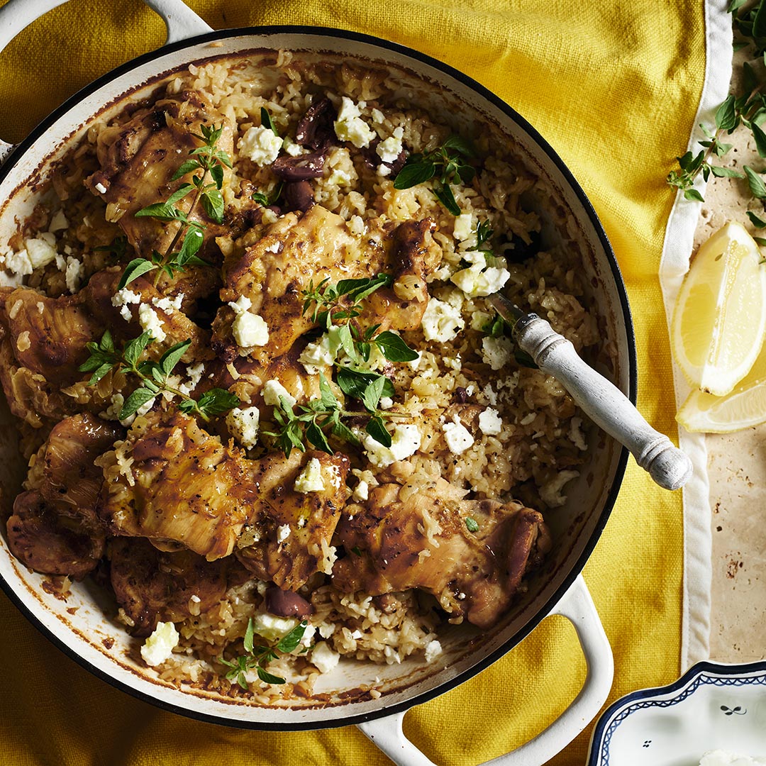 Greek-style lemon chicken rice with fetta