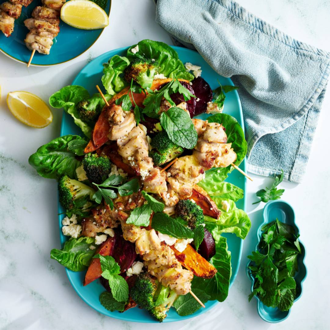Air fryer chicken skewers with roast vegetables