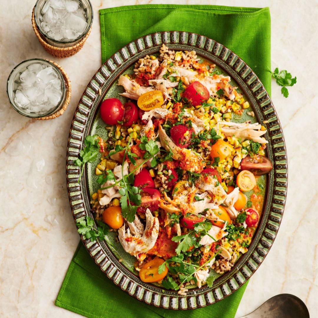 Barbecue chicken salad with rice & chargrilled corn