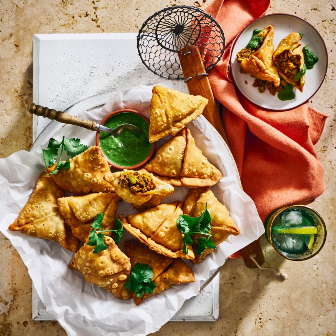 Depinder Chhibber’s lamb samosas with green chutney
