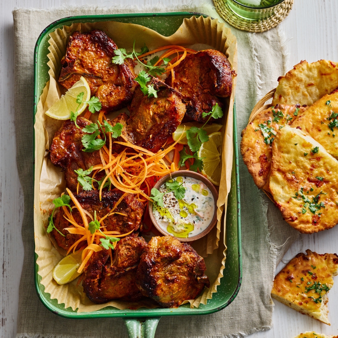 Air fryer tandoori lamb chops with cheesy garlic flatbread