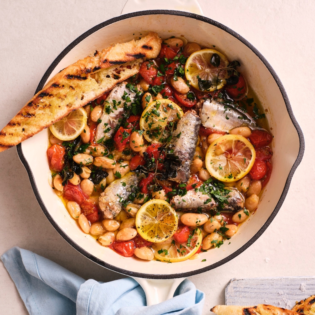 Easy one-pan Mediterranean beans with canned sardines