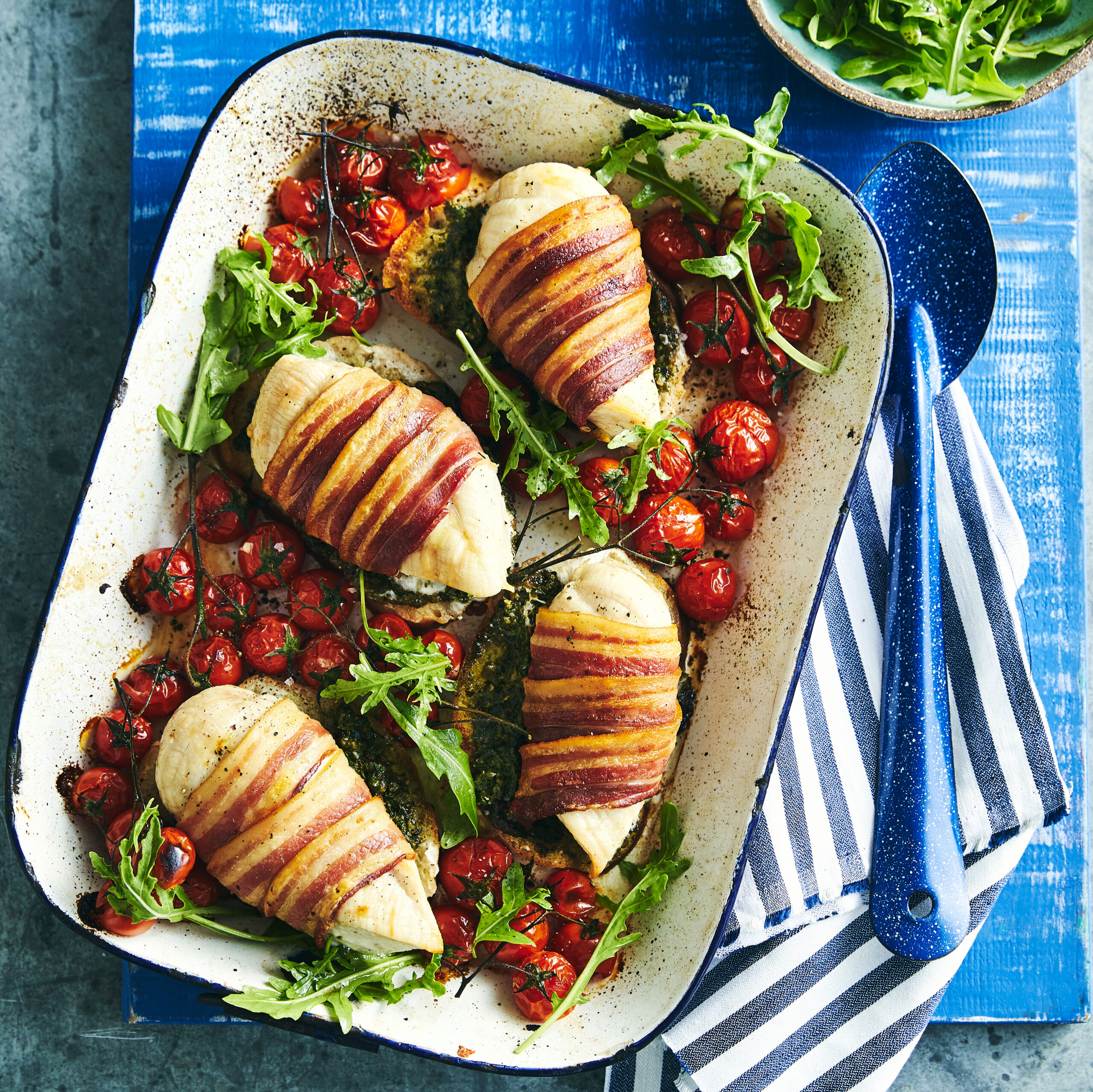 Roast bacon-wrapped pesto chicken