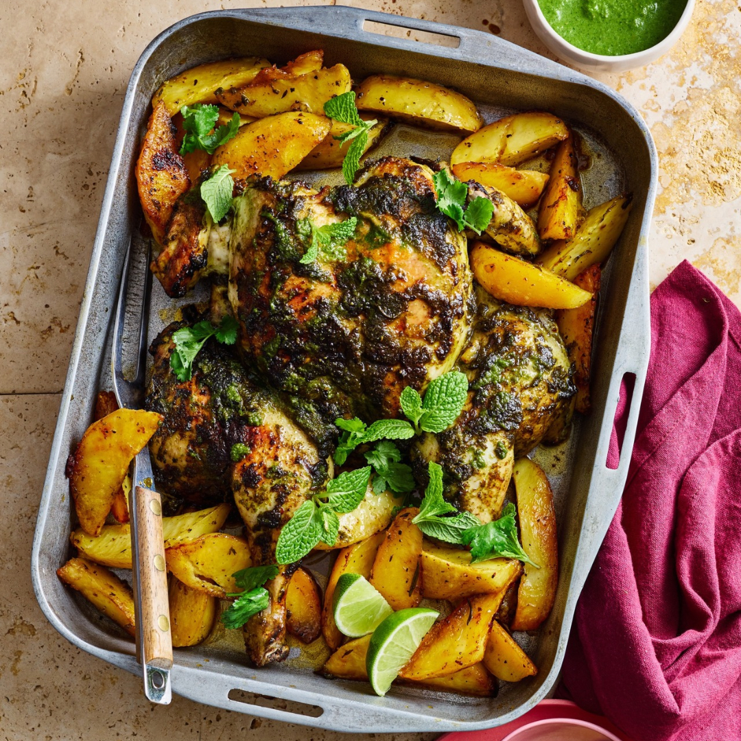 Depinder Chhibber’s roast chicken with green chutney marinade & crispy potatoes