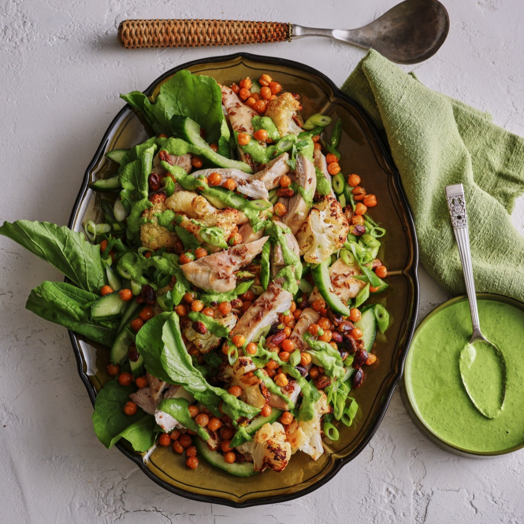 Julie Goodwin’s roasted cauliflower salad with spiced chicken & green dressing