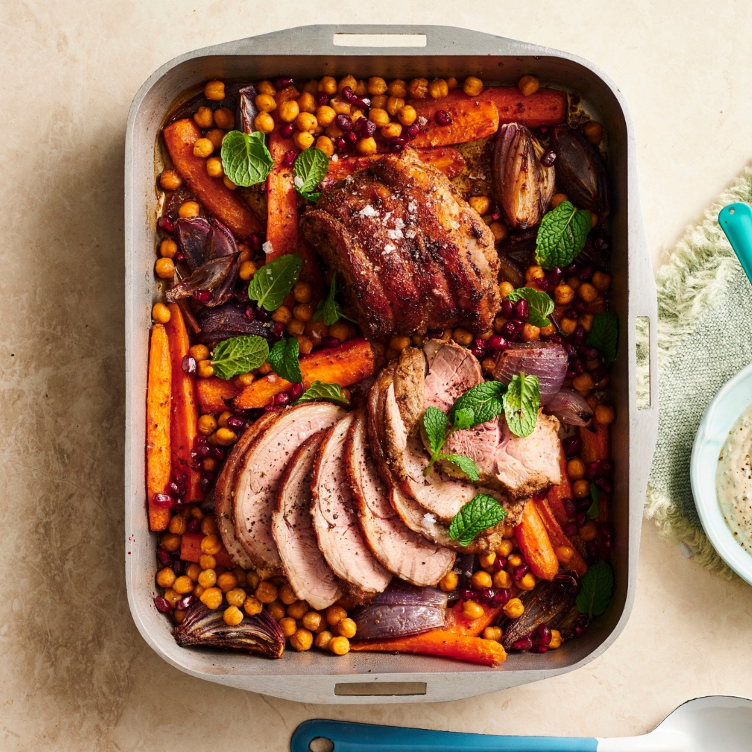 Spiced mini lamb roasts with herby tarator yoghurt
